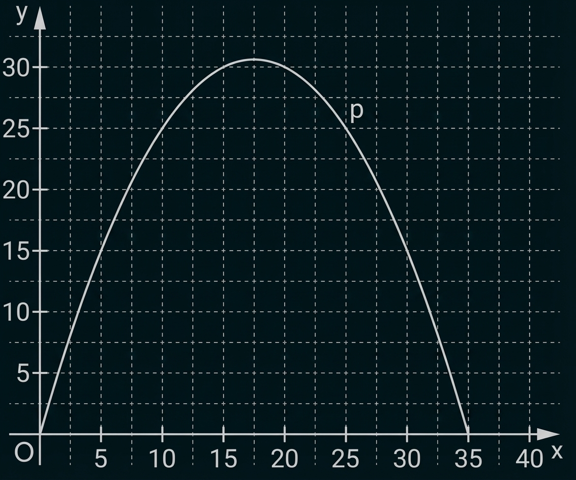 Koordinatensystem mit nach unten geöffneter Parabel p, Scheitel in der Mitte, Schnittpunkte bei x≈0 und x≈35.